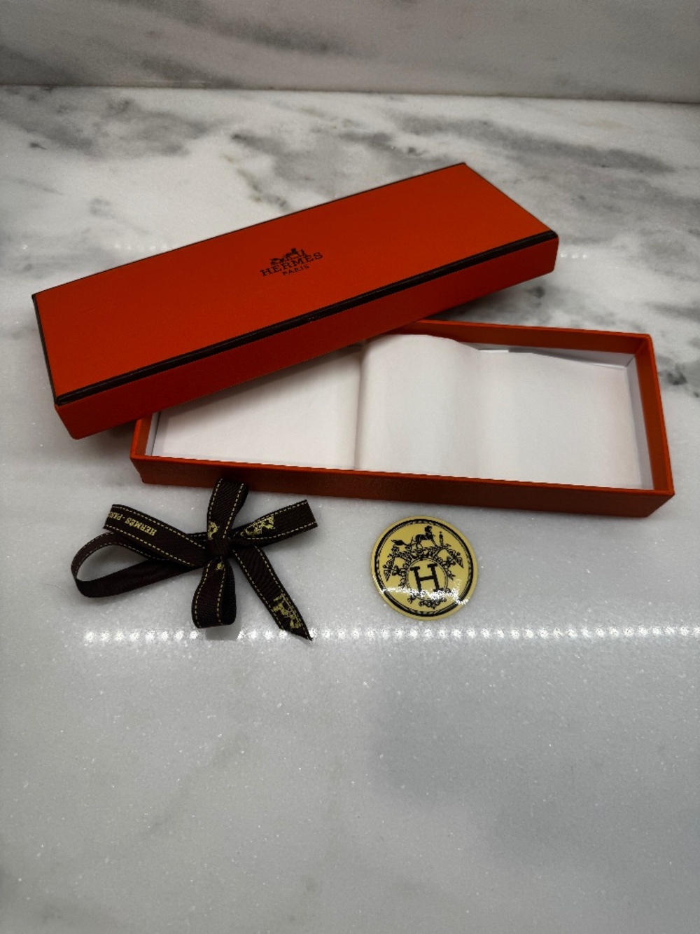 Hermes Gift Box with Tissue, Sticker, and Ribbon. 10x3.5x1.25